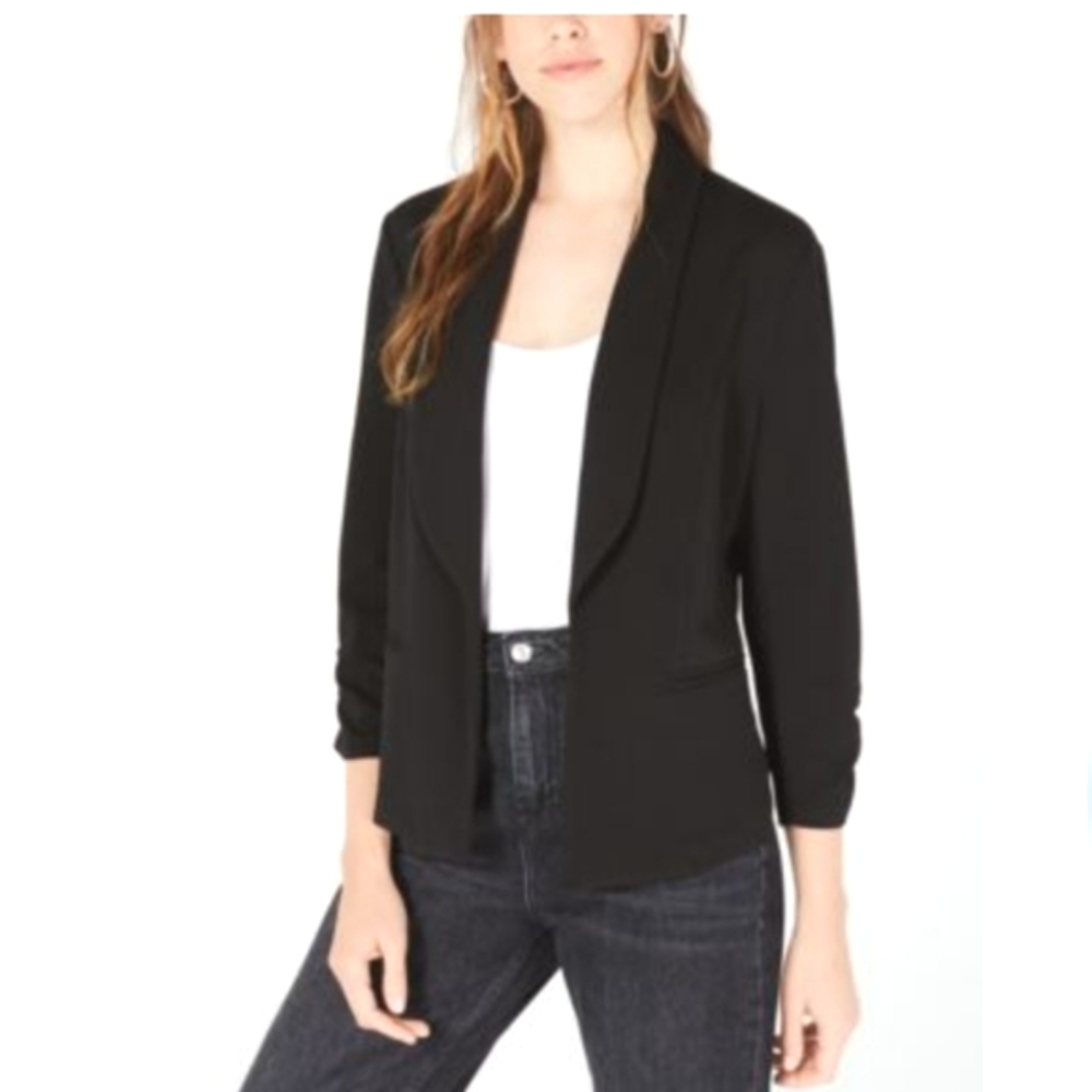 Bar III Open Front Textured Crepe Black Blazer Large